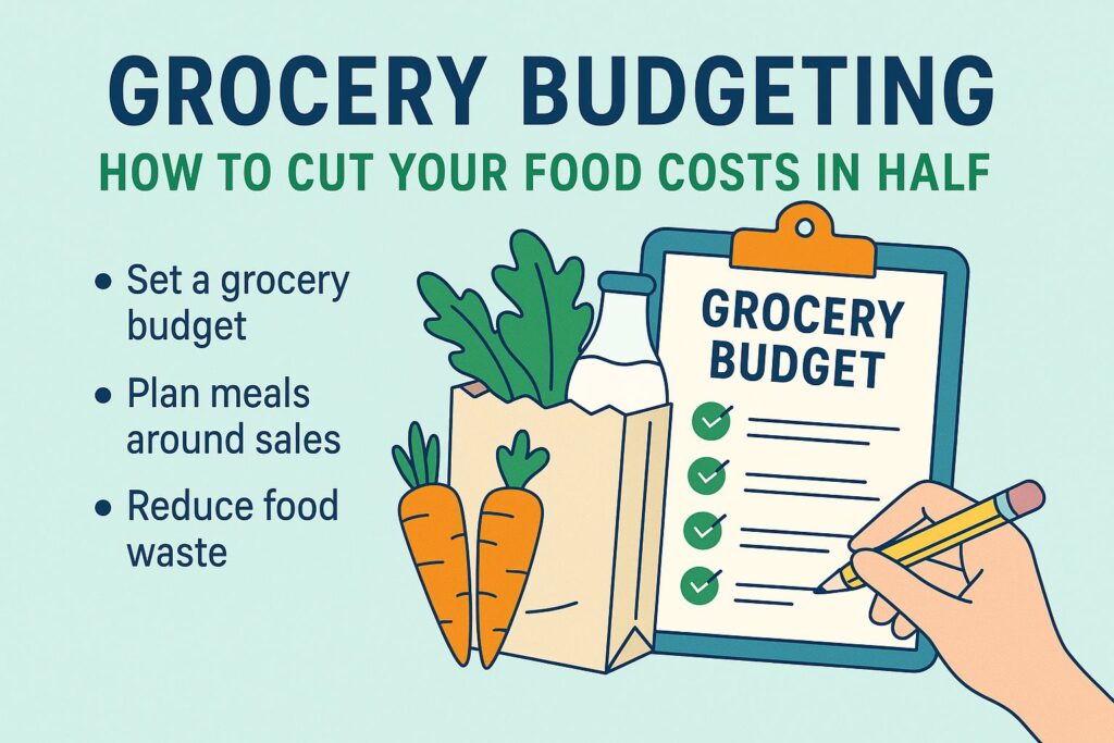 Grocery budgeting visual showing how to cut food costs in half with tips like setting a budget, planning meals, and reducing waste