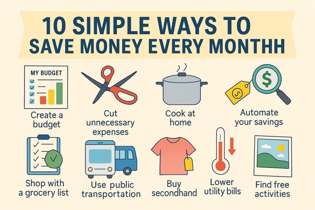 Infographic showing 10 easy ways to save money every month, including meal planning, tracking expenses, cutting subscriptions, and using shopping lists.
