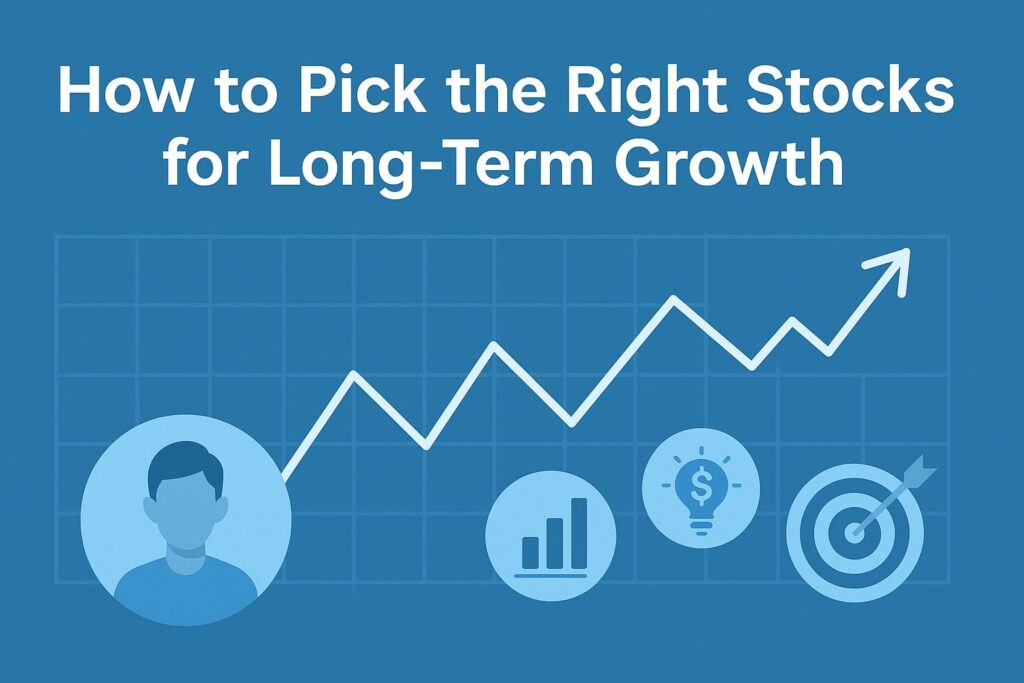 Illustration showing a beginner learning how to pick the right stocks for long-term growth through research and analysis.