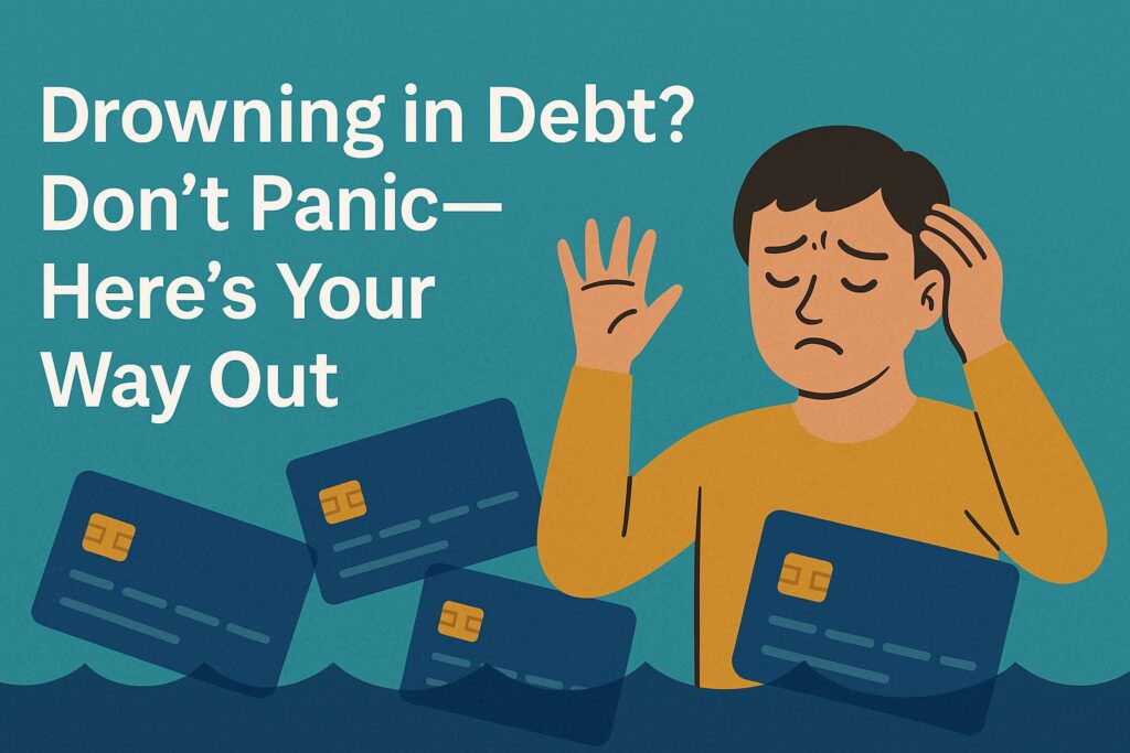 An illustrated person looks overwhelmed by credit card debt, raising one hand in panic as credit cards float around them in dark water. The text reads: “Drowning in Debt? Don’t Panic—Here’s Your Way Out
