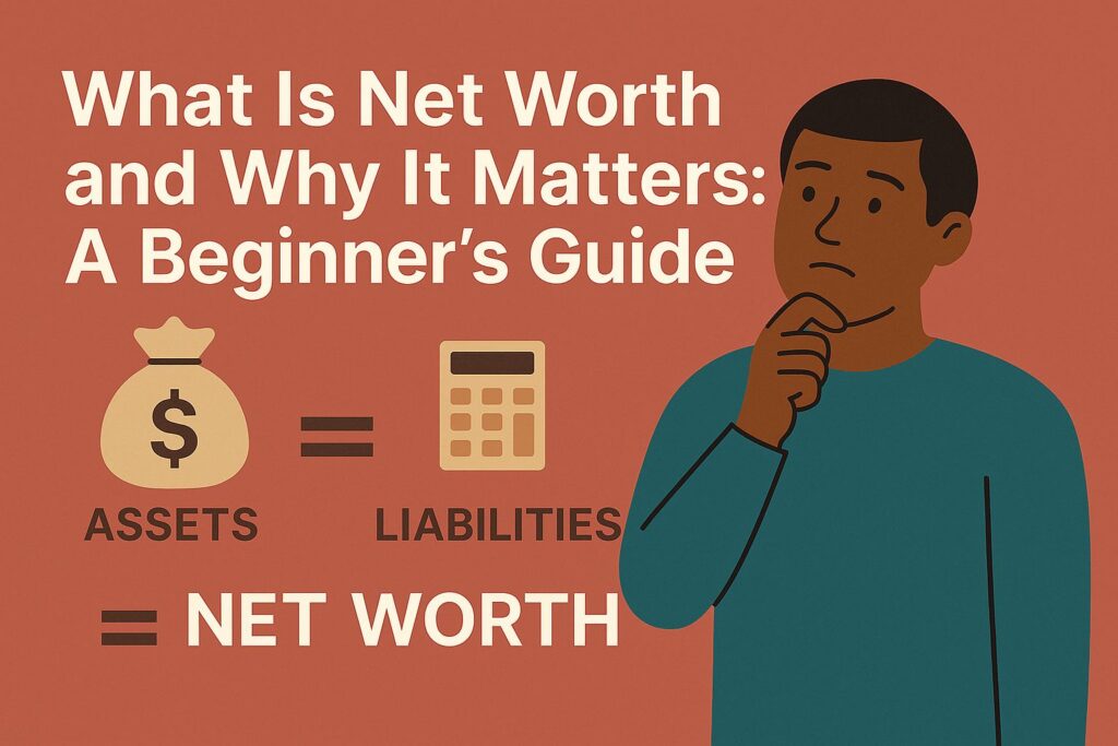 llustration of a man thinking while holding his chin, next to the text “What Is Net Worth and Why It Matters: A Beginner’s Guide.” Icons of a money bag, calculator, and equation for assets and liabilities are shown on a red-orange background.