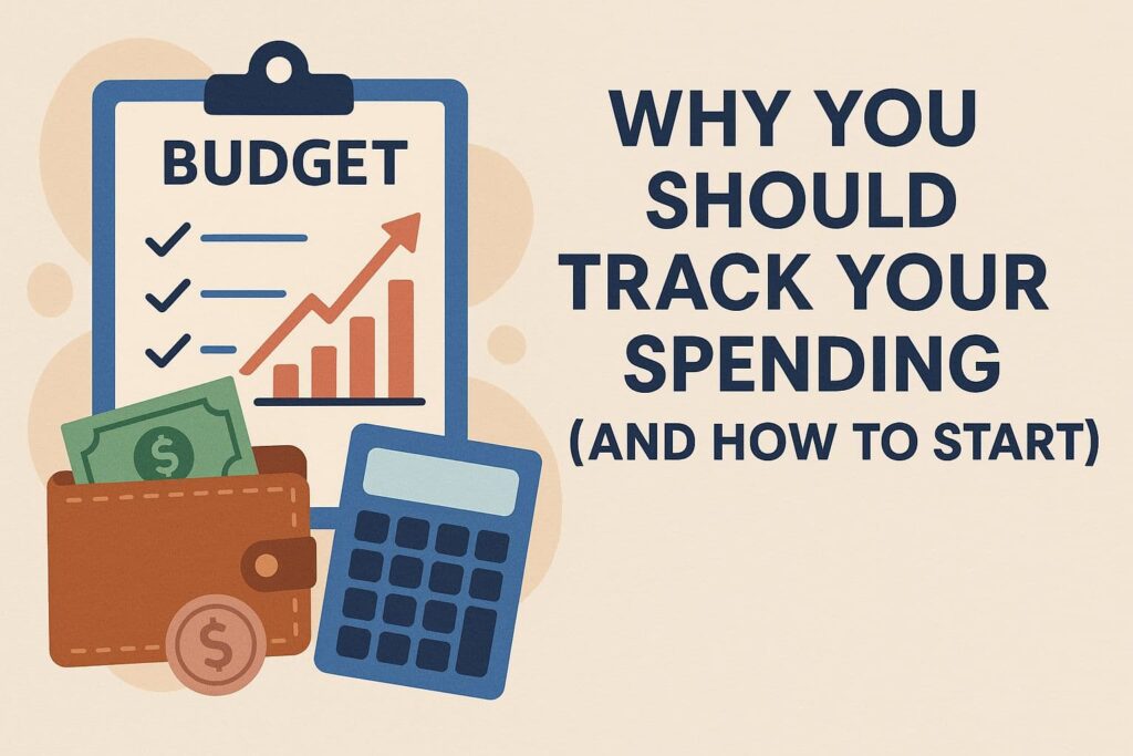 A clipboard with a budget sheet, calculator, wallet, and cash icons next to the bold title: Why You Should Track Your Spending (And How to Start)