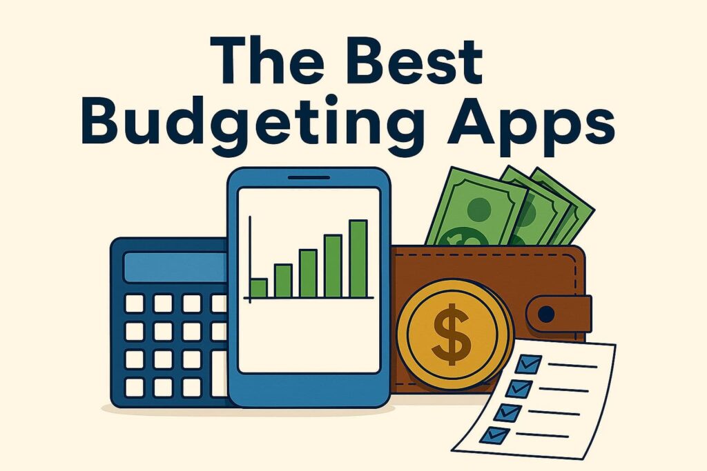A horizontal illustration showing the title ‘The Best Budgeting Apps of 2025’ with icons of a smartphone, bar chart, wallet, money, calculator, and checklist.