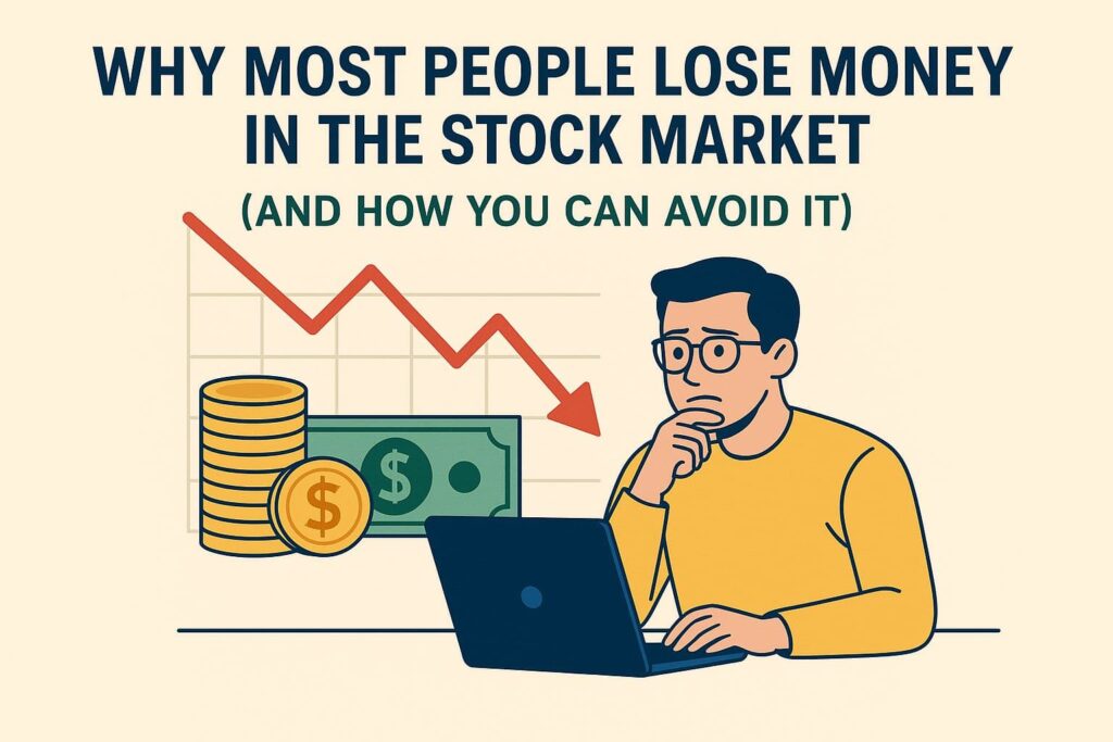 A worried man sitting at a laptop while a red stock market graph drops behind him, with coins and dollar bills symbolizing financial loss.
