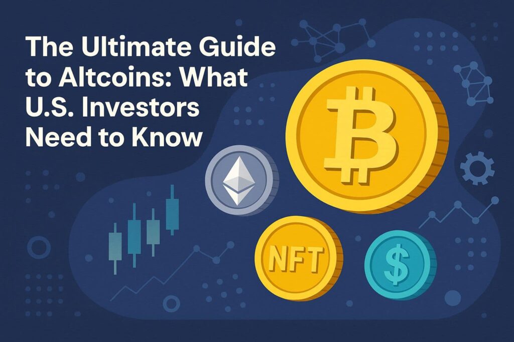 Digital illustration showing Bitcoin, Ethereum, NFT, and dollar icons under the title “The Ultimate Guide to Altcoins: What U.S. Investors Need to Know,” with blockchain and candlestick chart graphics in the background.