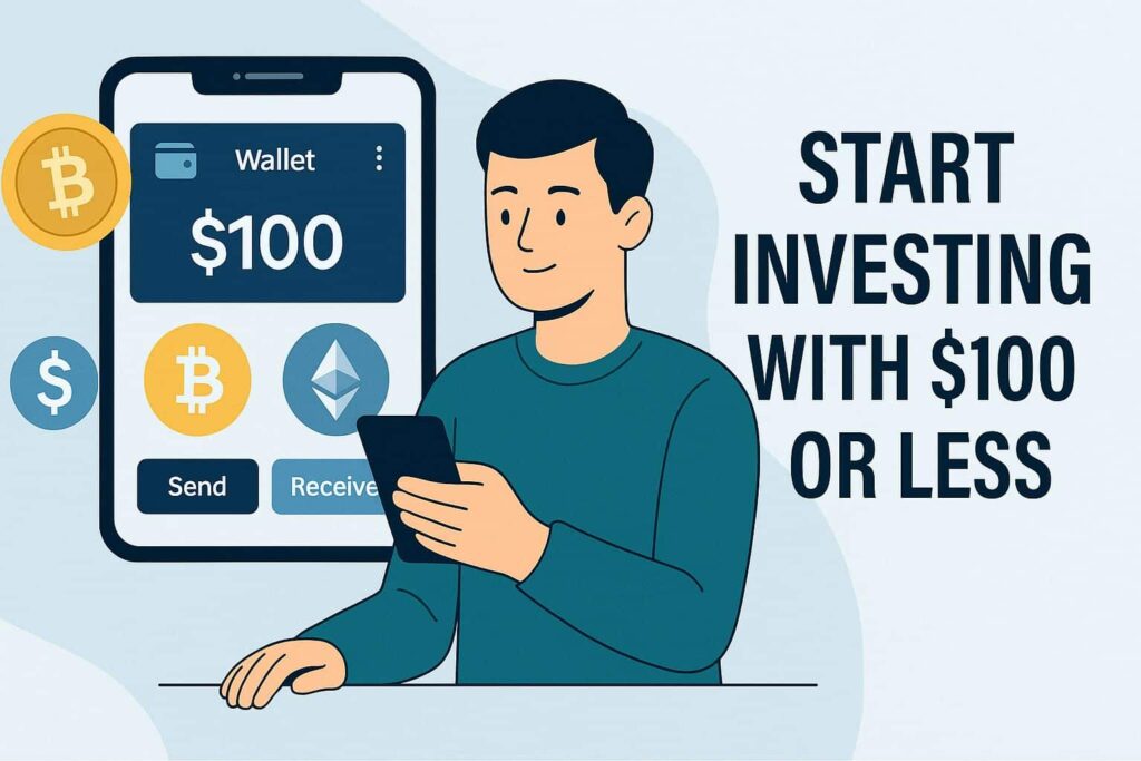 Illustration of a young man using his smartphone to invest $100 in digital assets like Bitcoin and Ethereum, with a wallet app interface on screen and the text ‘Start Investing with $100 or Less