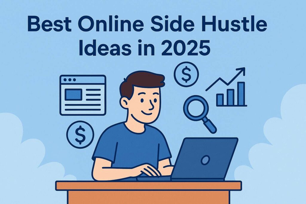 A 2D cartoon-style illustration of a young man working on a laptop, surrounded by icons of money, growth charts, and online tools, with the title ‘Best Online Side Hustle Ideas in 2025’ above him