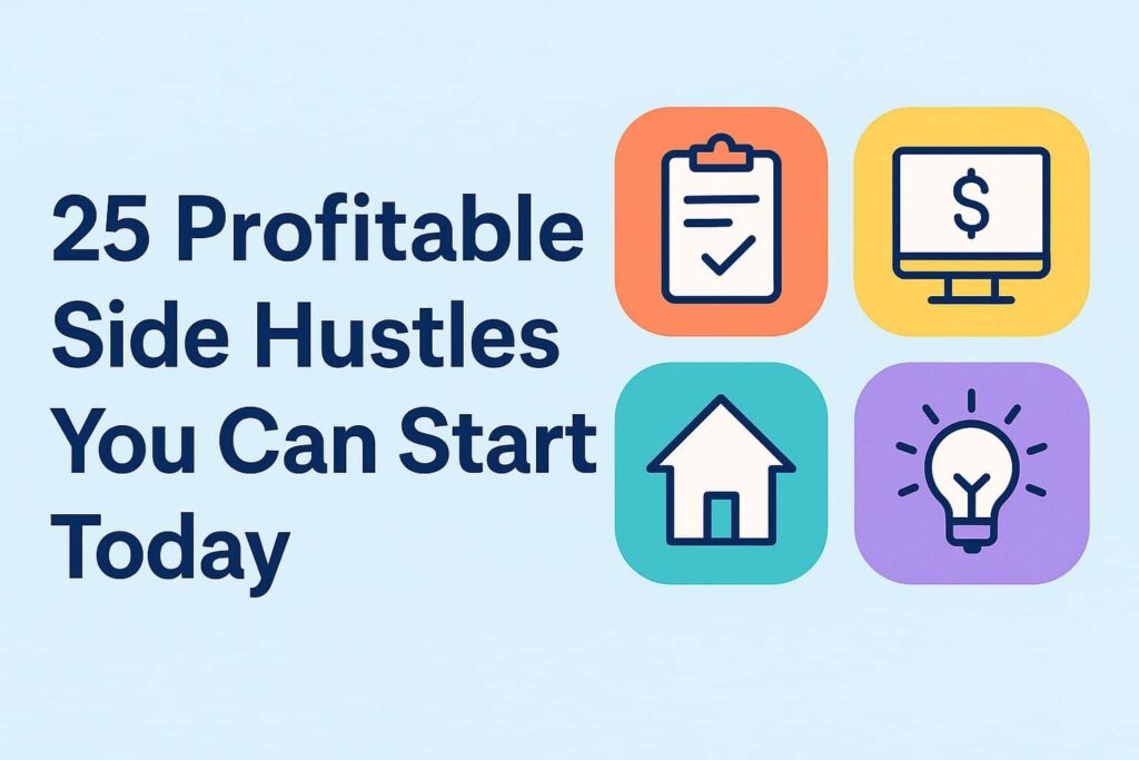 Graphic with the title “25 Profitable Side Hustles You Can Start Today” featuring icons of a checklist, computer with dollar sign, house, and lightbulb representing income ideas and online work opportunities.
