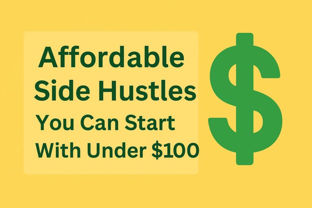 Bright yellow digital graphic showing the title “Affordable Side Hustles You Can Start With Under $100” with a large green dollar sign for visual emphasis.