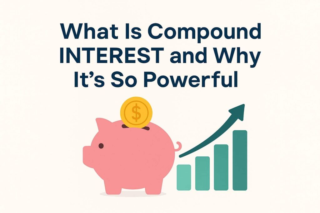 Illustration of a piggy bank with a gold coin and an upward bar graph, representing the concept of compound interest and financial growth.