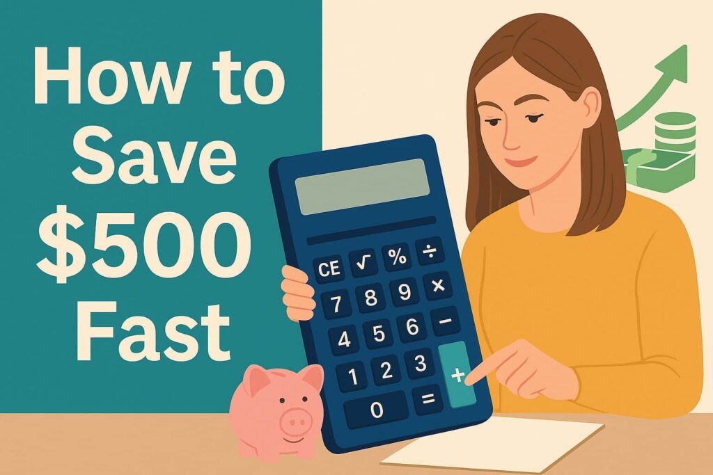 A smiling woman in a mustard sweater uses a large blue calculator while sitting at a desk. Next to her is a pink piggy bank and financial icons like upward graphs and stacked coins. The text on the left reads “How to Save $500 Fast” in bold letters.