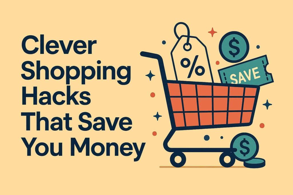 Shopping cart filled with discount symbols, coupons, and coins next to bold text that says ‘Clever Shopping Hacks That Save You Money’ on a yellow background