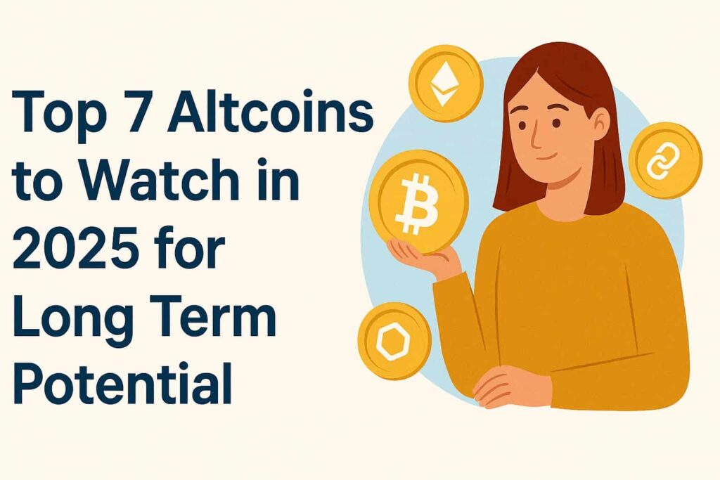 Illustration of a woman holding a Bitcoin coin with Ethereum, Chainlink, and other altcoin icons floating around her, alongside the title “Top 7 Altcoins to Watch in 2025 for Long Term Potential” on a beige and blue background.