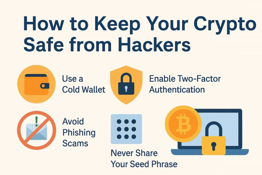 Infographic titled “How to Keep Your Crypto Safe from Hackers” showing four security tips with icons: Use a Cold Wallet, Enable Two-Factor Authentication, Avoid Phishing Scams, and Never Share Your Seed Phrase. A Bitcoin coin and a locked laptop emphasize digital asset protection.