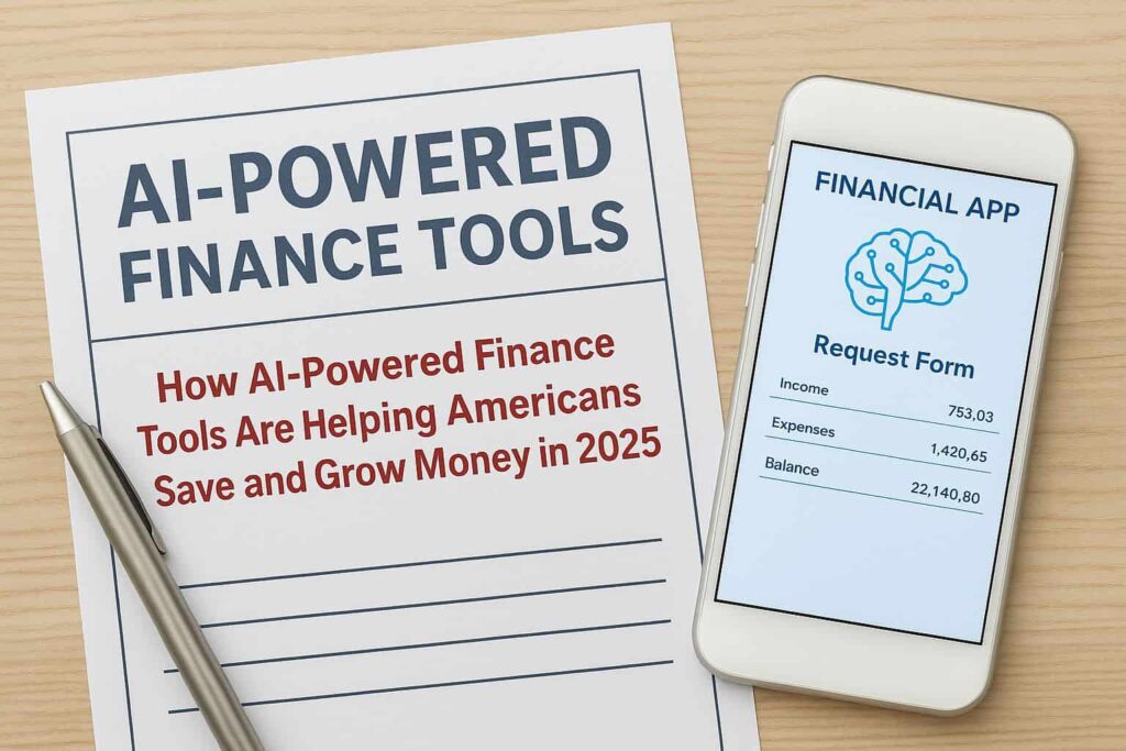 AI-powered finance tools document and smartphone showing financial dashboard on wooden desk, representing how Americans use AI to manage money in 2025.