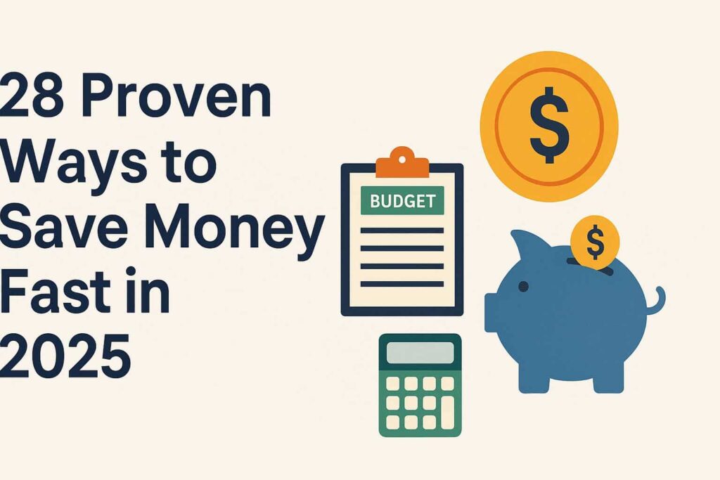 A modern horizontal graphic with the title ‘28 Proven Ways to Save Money Fast in 2025’ on the left and colorful flat icons on the right, including a piggy bank, a budget clipboard, a calculator, and a gold coin, all on a light beige background.