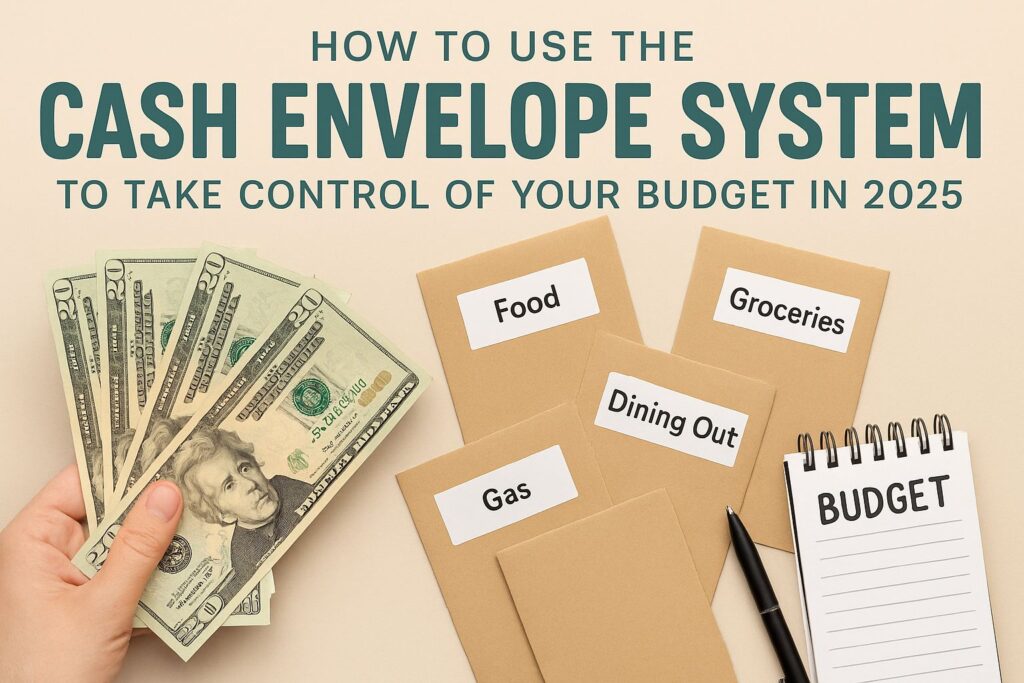A beige background infographic showing labeled cash envelopes for groceries, dining out, and gas, alongside green dollar bills. The title reads: How to Use the Cash Envelope System to Take Control of Your Budget in 2025.