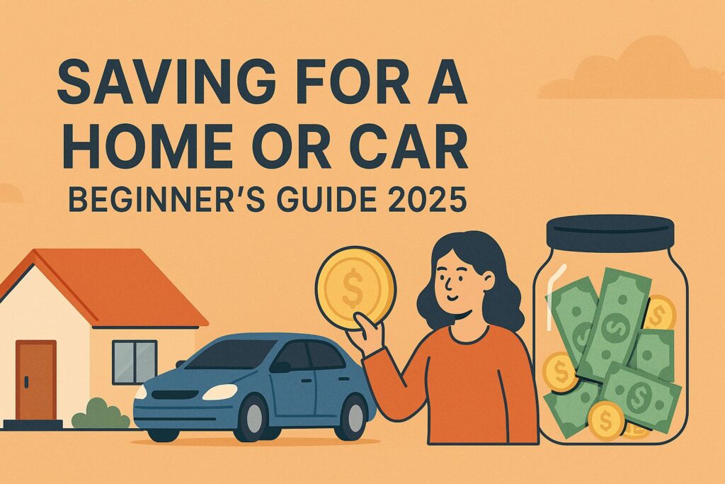 A flat-style digital illustration with an orange background showing a small house, a blue car, a smiling woman holding a coin, and a large savings jar filled with cash and coins. The text reads “Saving for a Home or Car: Beginner’s Guide 2025.