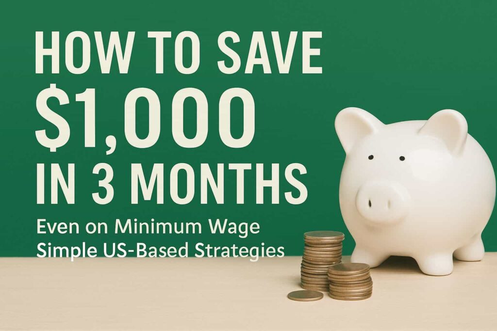 A green background graphic showing a white piggy bank and stacked coins next to bold white text that reads “How to Save $1,000 in 3 Months – Even on Minimum Wage Simple US Based Strategies.
