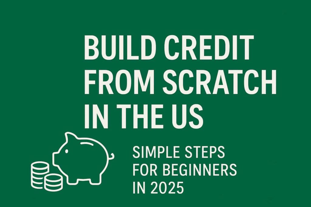A horizontal green graphic featuring the title “Build Credit from Scratch in the US” and the subtitle “Simple Steps for Beginners in 2025,” with a white piggy bank and stacked coins icon on the left side.