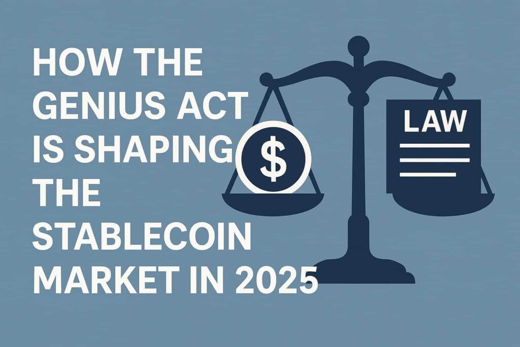 Illustration of a balanced scale with a dollar symbol and a law document, next to the title “How the GENIUS Act Is Shaping the Stablecoin Market in 2025” on a blue background.