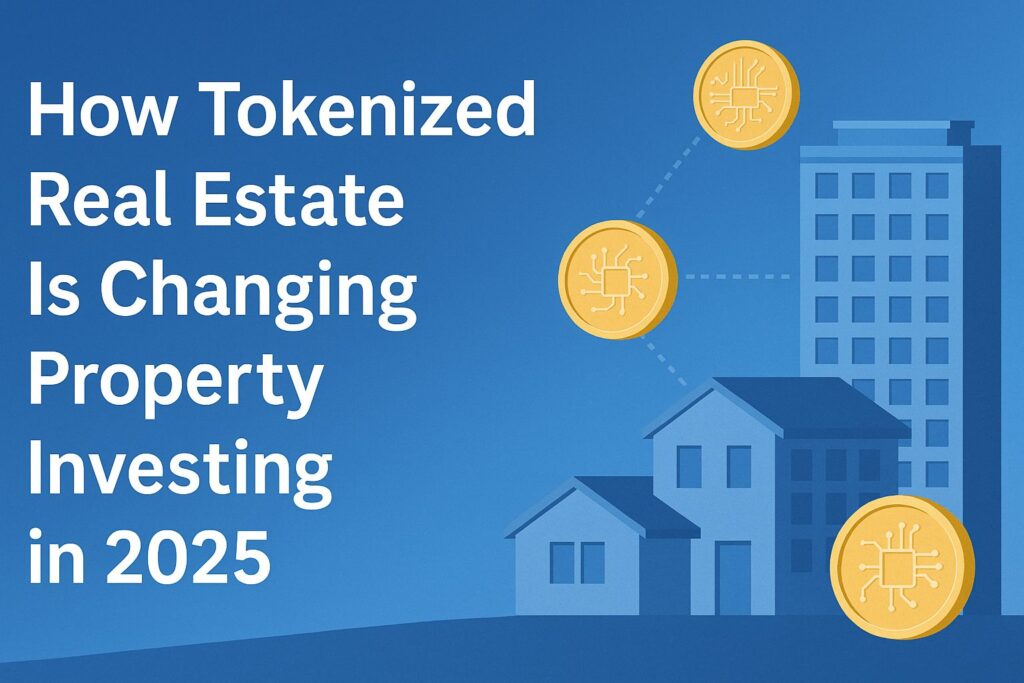 Illustration showing digital tokens connected to residential and commercial buildings, with the title “How Tokenized Real Estate Is Changing Property Investing in 2025” on a blue background.