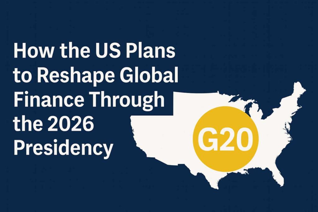 Navy blue background with bold white headline on the left and a white US map on the right, featuring a yellow G20 circle representing the 2026 US financial leadership in the G20 presidency.