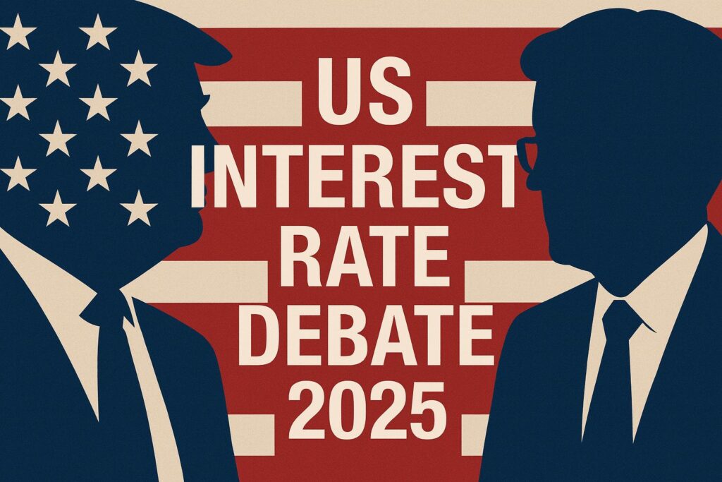 Former U.S. President Donald Trump and Federal Reserve Chair Jerome Powell stand in front of the American flag. Trump wears a dark suit with a red tie and an American flag pin, while Powell is dressed in a navy suit and purple tie. Bold white text at the bottom reads ‘US Interest Rate Debate 2025 – What It Means for Your Money.’ Both men appear serious, emphasizing the gravity of the financial topic.”