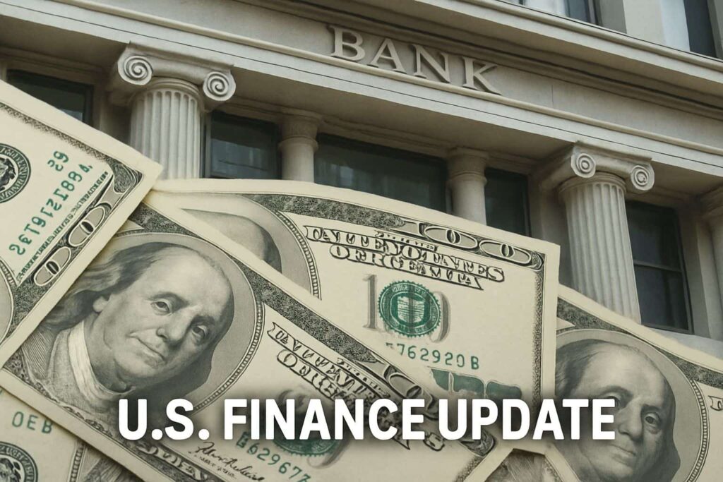 A digital image featuring a neoclassical bank building in the background, with several U.S. one-hundred-dollar bills in the foreground. Centered at the bottom is the bold white text ‘U.S. FINANCE UPDATE.