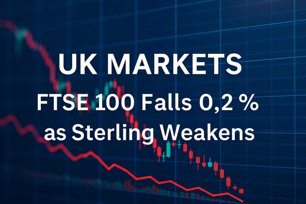 Graphic showing the FTSE 100 decline and Sterling weakening in the UK financial markets.
