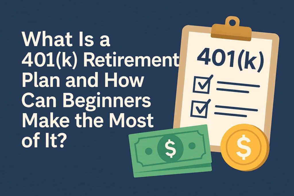 A beige clipboard with a document labeled 401(k), placed beside green dollar bills and a gold coin, all set against a dark blue background. A simple and modern digital illustration representing retirement planning.