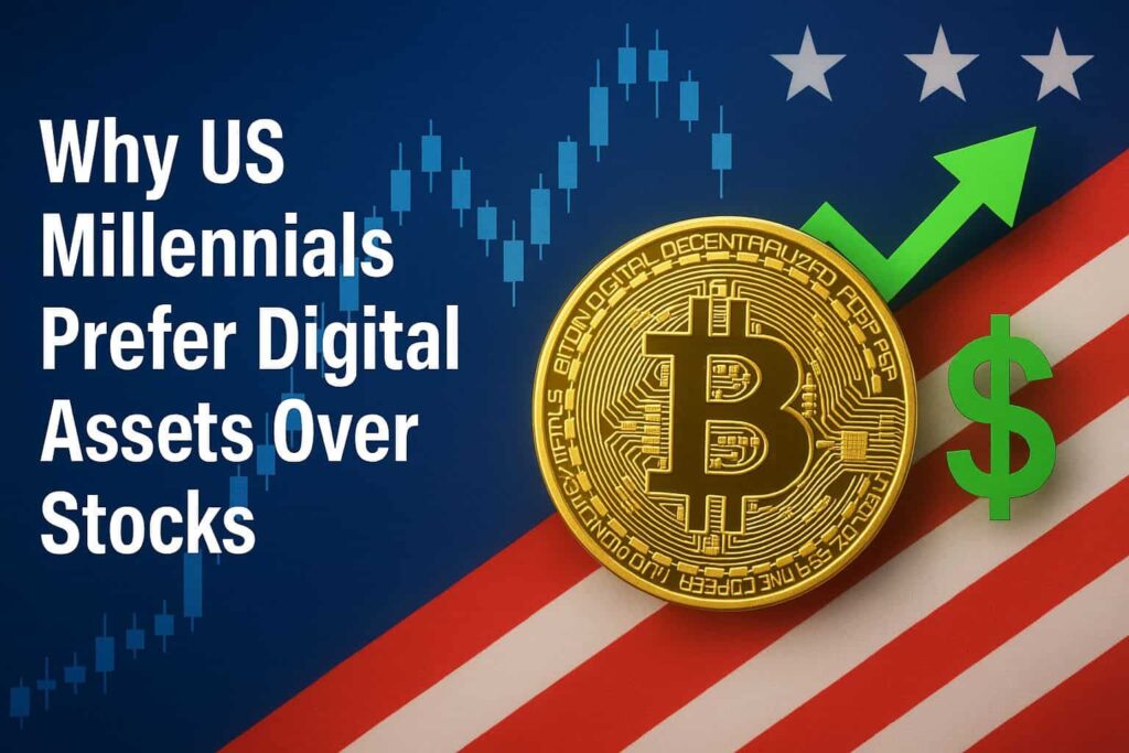 An American-themed digital finance illustration showing a golden Bitcoin coin, green upward arrow, and financial symbols in front of a faded US flag, representing millennials shifting from traditional stock investments to digital assets.