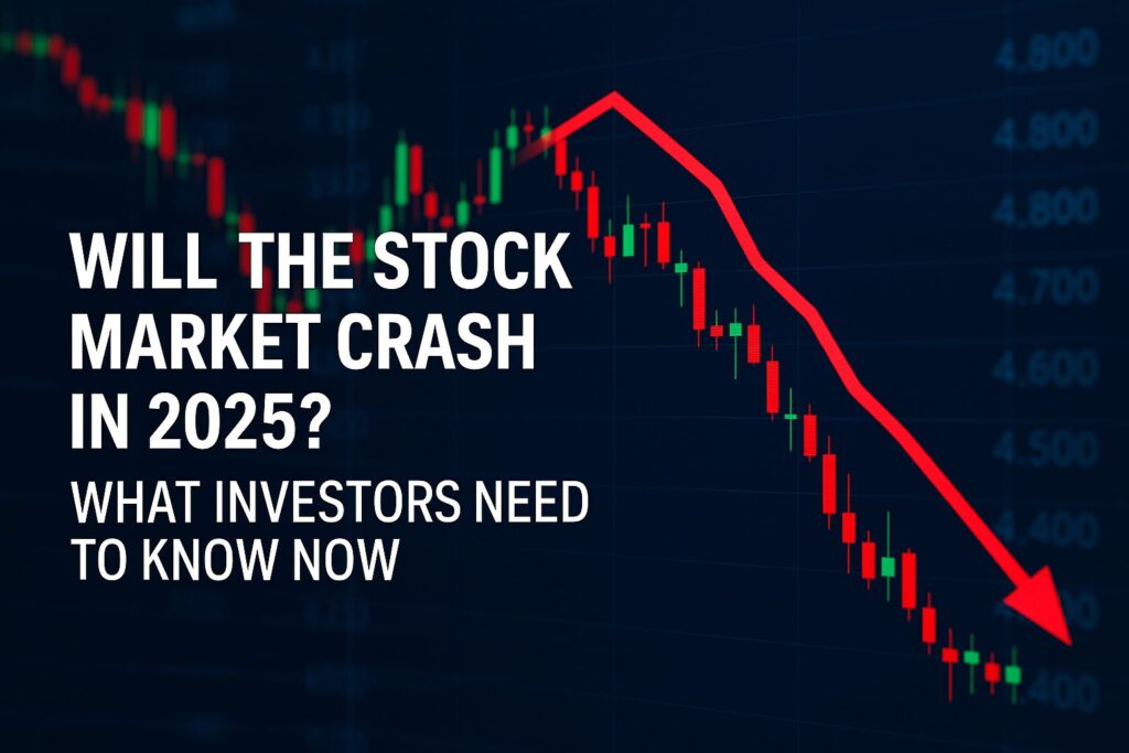 A financial chart highlighting red and green candlesticks with a sharp downward red line, illustrating market volatility and posing the critical question, ‘Will the Stock Market Crash in 2025?