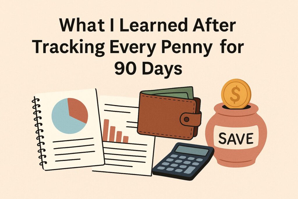 A flat 2D digital illustration showing budgeting tools including a pie chart notebook, a bar chart document, a leather wallet with cash, a savings jar labeled “SAVE,” and a calculator, with the title “What I Learned After Tracking Every Penny for 90 Days” written above.