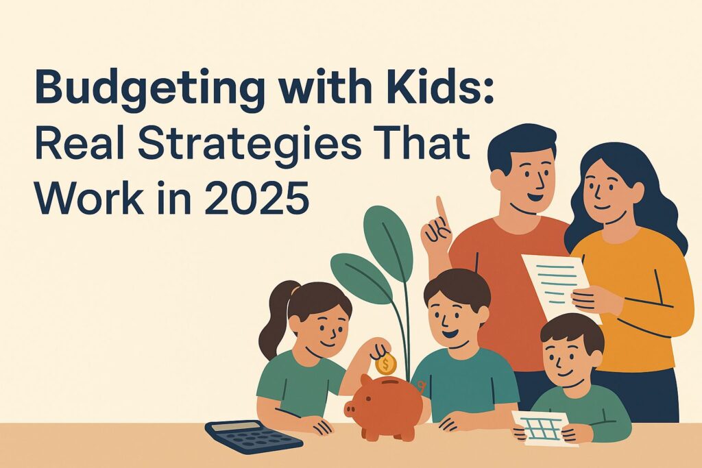 A digital illustration showing a family of four budgeting together. A mother, father, son, and daughter are sitting at a table; the children are holding a piggy bank and a calendar, with a calculator on the table. The top left corner displays the title “Budgeting with Kids: Real Strategies That Work in 2025