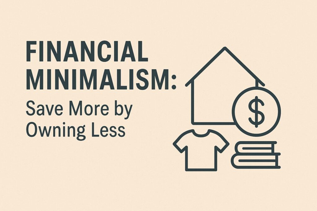 On a beige background, the text ‘Financial Minimalism: Save More by Owning Less’ appears next to minimalist icons of a house, a t-shirt, books, and a dollar sign, representing the concept of financial minimalism.