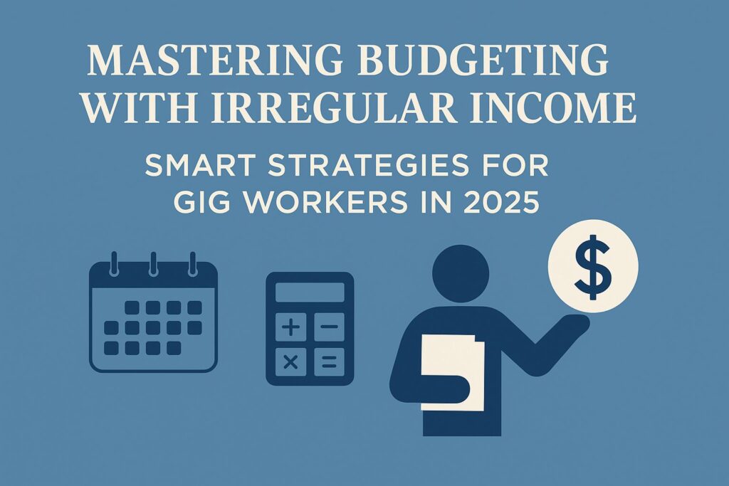 A minimalist infographic with a muted blue background displaying the title ‘Mastering Budgeting with Irregular Income: Smart Strategies for Gig Workers in 2025’ alongside icons of a calendar, calculator, a gig worker figure, and a dollar sign, representing personal finance tips for those with fluctuating earnings.