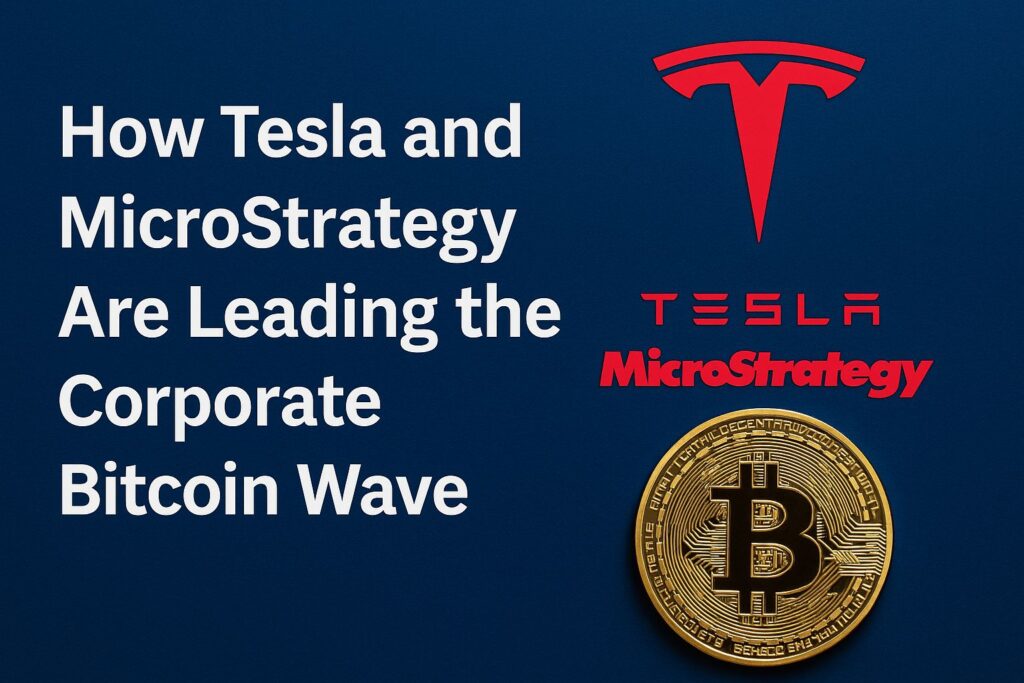 An image featuring the Tesla and MicroStrategy logos alongside a golden Bitcoin symbol, with the headline ‘How Tesla and MicroStrategy Are Leading the Corporate Bitcoin Wave’ displayed.