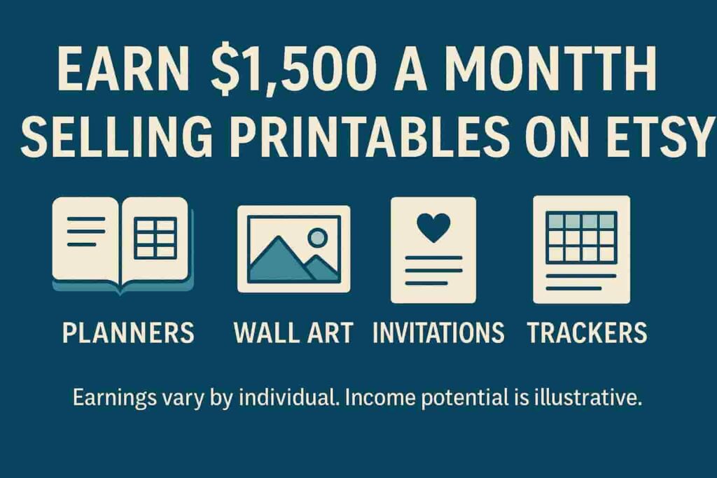 Graphic with the title ‘Earn $1,500 a Month Selling Printables on Etsy’ featuring icons for planners, wall art, invitations, and trackers, with income disclaimer.