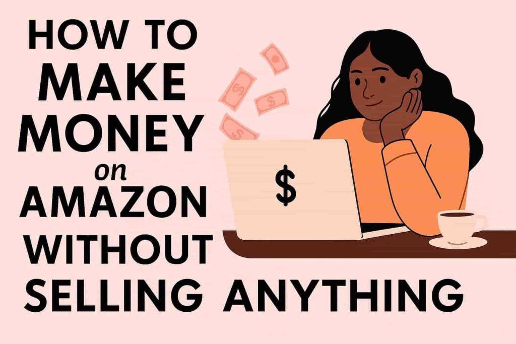 How to make money on Amazon without selling anything – woman using a laptop surrounded by flying dollar bills, representing online income opportunities.