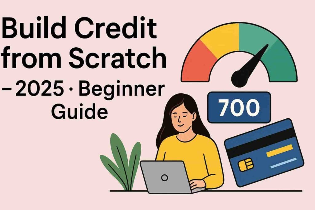build credit from scratch illustration – credit score 700, secured card, beginner woman with laptop
