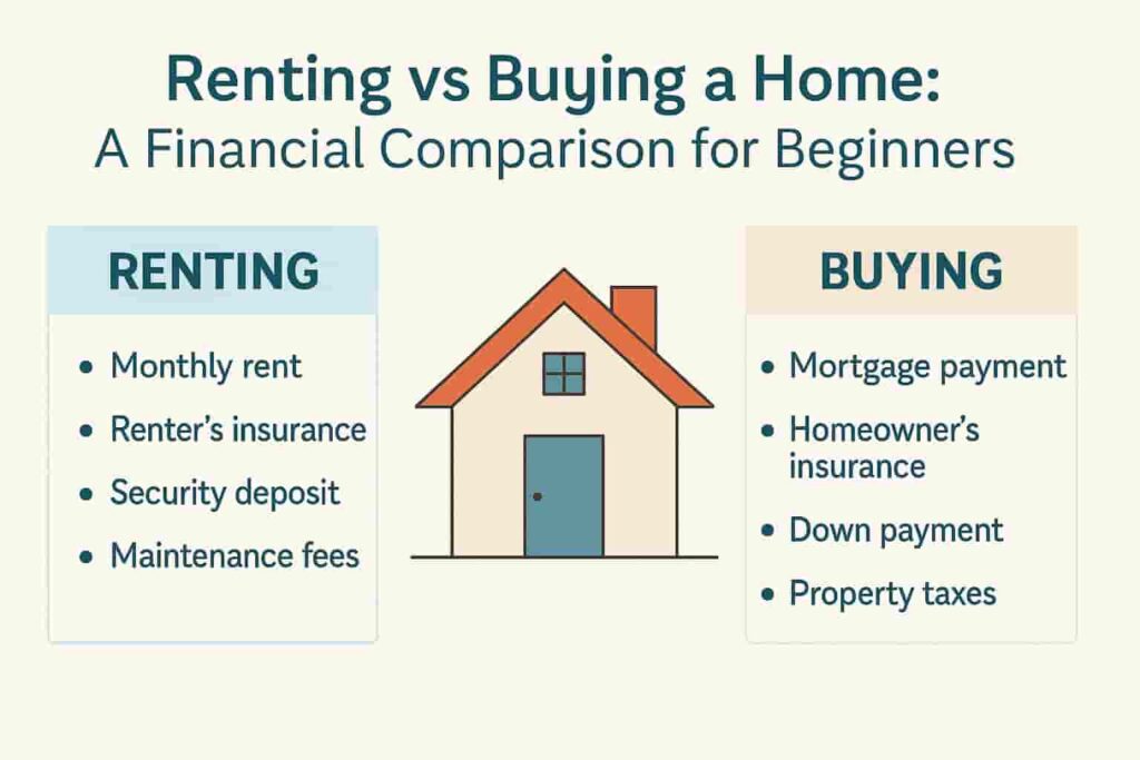 A side-by-side infographic that visually compares renting vs buying a home, highlighting key financial aspects like rent, mortgage, insurance, and taxes with a house illustration in the center.
