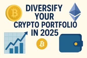 Horizontal digital graphic with the title Diversify Your Crypto Portfolio in 2025, featuring Bitcoin and Ethereum logos, a bar chart, and a secure wallet illustration