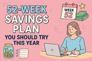 52-week savings plan illustration showing a woman budgeting and tracking expenses with a laptop, savings jar, and calendar for financial success in 2025.