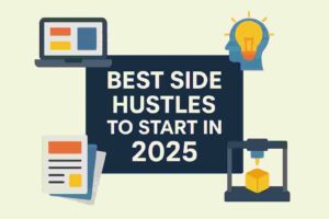 Horizontal design with the title Best Side Hustles to Start in 2025 in white text inside a dark blue rectangle in the center, surrounded by icons of a laptop, a light bulb representing ideas, a document, and a 3D printer, in a modern and minimalist style
