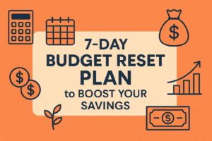 Horizontal digital graphic design with financial icons and the title ‘7-Day Budget Reset Plan to Boost Your Savings’.