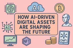 A pastel-toned horizontal digital illustration featuring the title ‘How AI-Driven Digital Assets Are Shaping the Future,’ surrounded by icons of an AI chip, cloud, Bitcoin, robot, NFT, DeFi, and a graph.