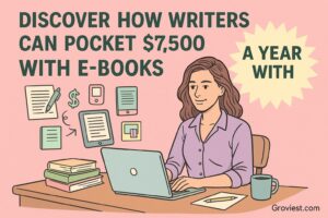 A pastel-colored horizontal digital illustration shows a female writer working at her laptop. On the desk are books and a coffee cup. The text on the image reads: ‘Discover How Writers Can Pocket $7,500 a Year with E-books.