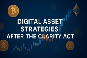 A horizontal banner with the title ‘Digital Asset Strategies After the Clarity Act’, featuring Bitcoin and Ethereum icons, dollar symbols, and a candlestick chart rising upwards on a blue gradient background.