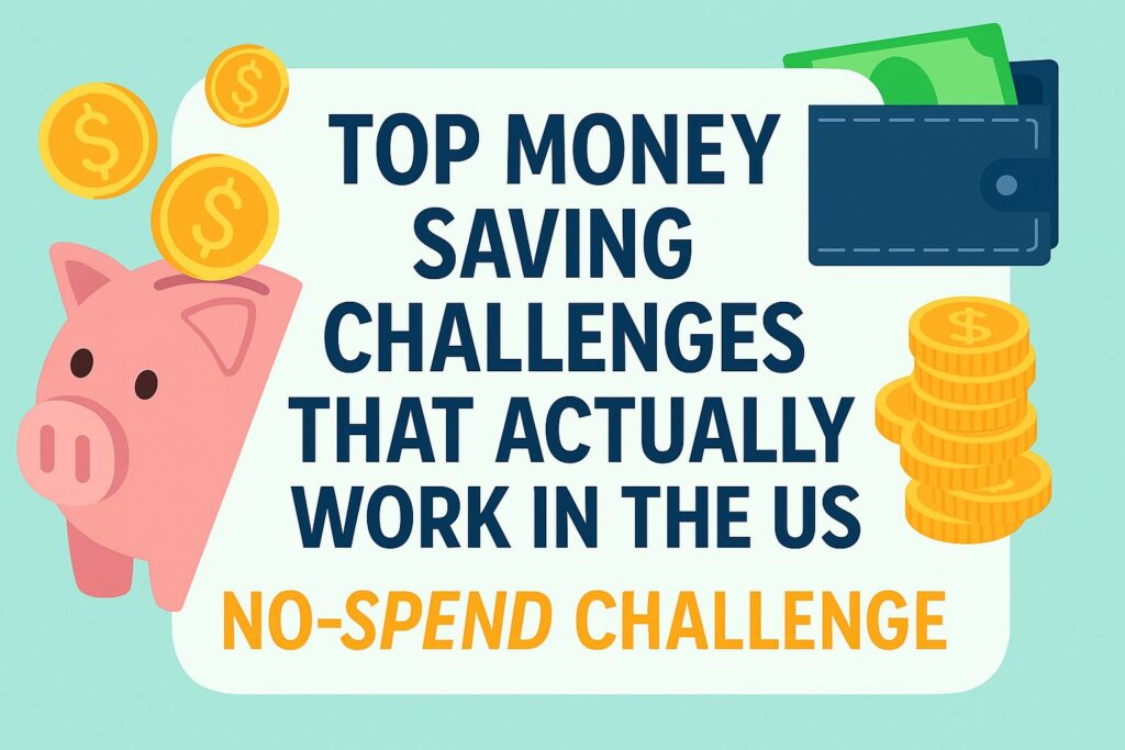 Infographic banner showing Top Money Saving Challenges That Actually Work in the US with focus on the No-Spend Challenge, illustrated with piggy bank, wallet, and coins.